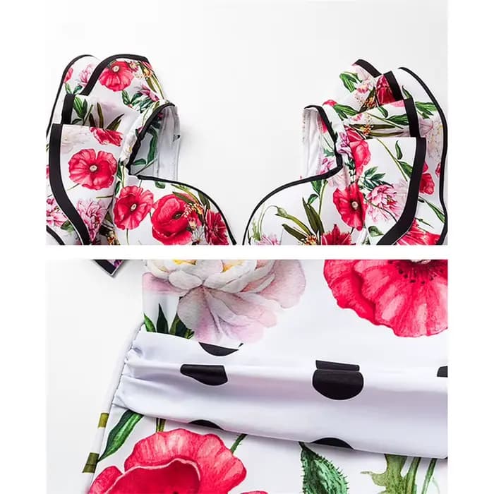 Maillot de bain une pièce vintage à volants imprimé floral rouge et jupe assortie