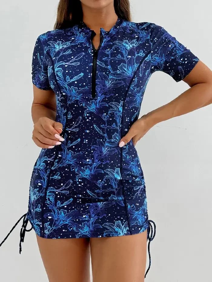Maillot de bain deux pièces femme 2026 Nouveauté Manches courtes Imprimé Fermeture éclair Fendu Taille haute Tenue de