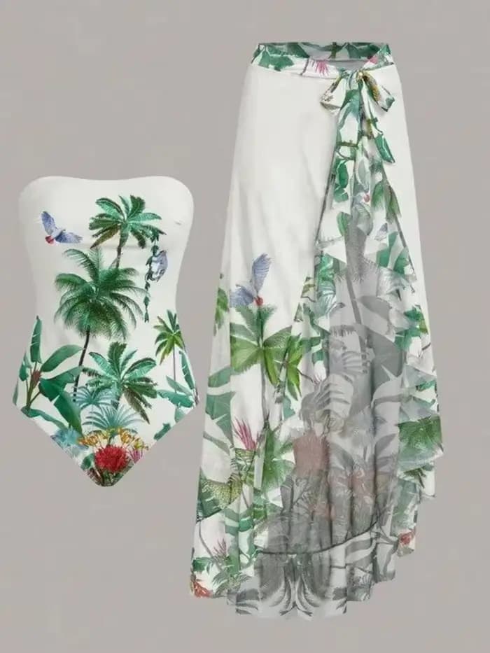 Maillot de bain une pièce imprimé Jungle tropicale, ensemble avec jupe portefeuille, pour femmes et