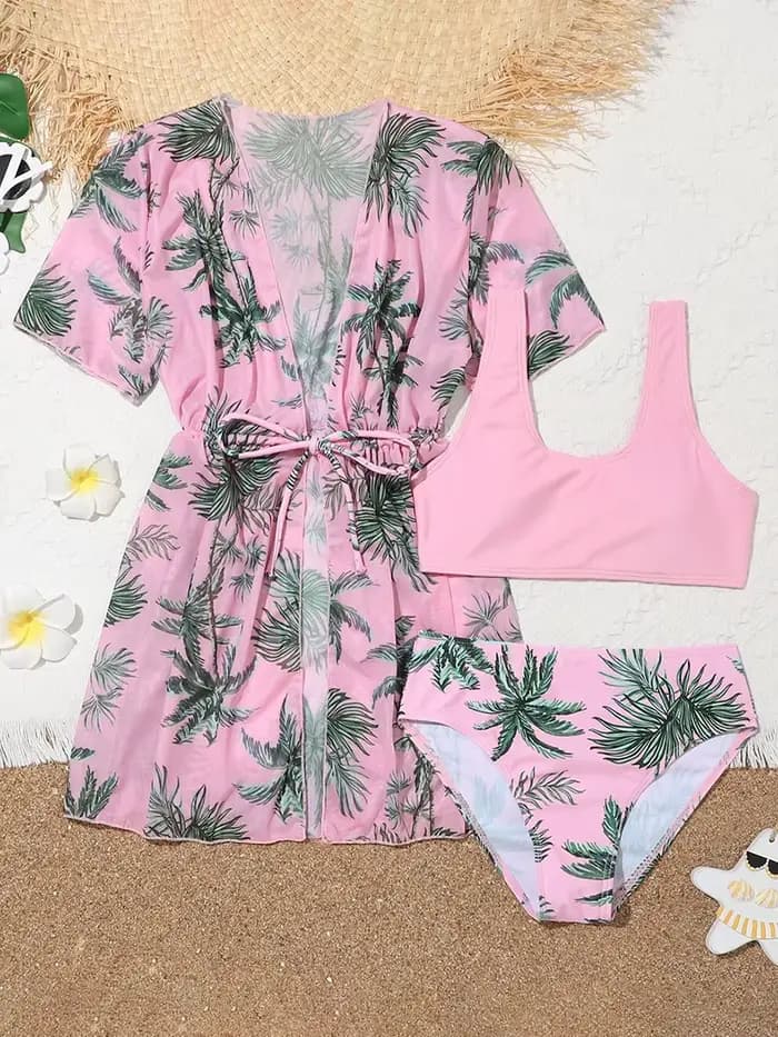 Ensemble 3 pièces maillot de bain imprimé tropical 2026 pour filles avec kimono, tenue de bain pour
