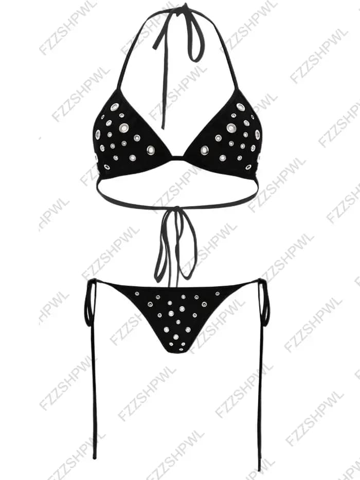 Maillot de bain 2 pièces à carreaux bleus avec nœud décoratif