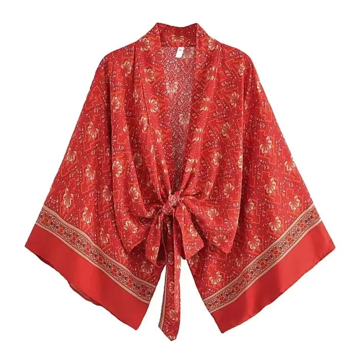 Boho Dinner ens Red Floral Beach Kimono, Short Robe, Swimsuits, Women Fashion, BatOOSleeves, Rayon,