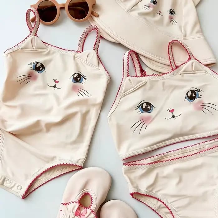 Nouvel ensemble de maillots de bain une pièce et deux pièces pour filles, motif chat mignon, imperméable, collection été 2026