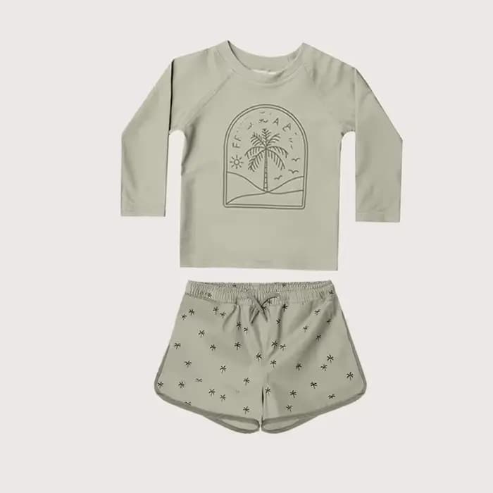 Maillot de bain pour bébé garçon, imprimé mignon, col rond, haut à manches longues + short à taille