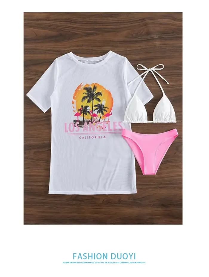 Bikini brésilien à manches courtes et col licou, ensemble 3 pièces, taille basse, vêtements de plage, nouvelle collection, 2025