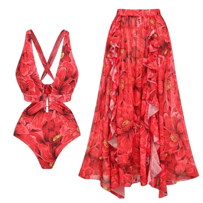 Ensemble de maillot de bain deux pièces imprimé fleuri fleur rouge fleuri vacances ensemble une pièce maillots de bain maillot de bain Bikini Resort vêtements de vacances
