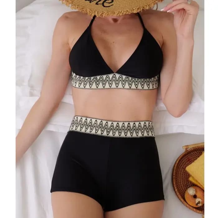 Maillot de bain bikini sexy taille haute monochromatique