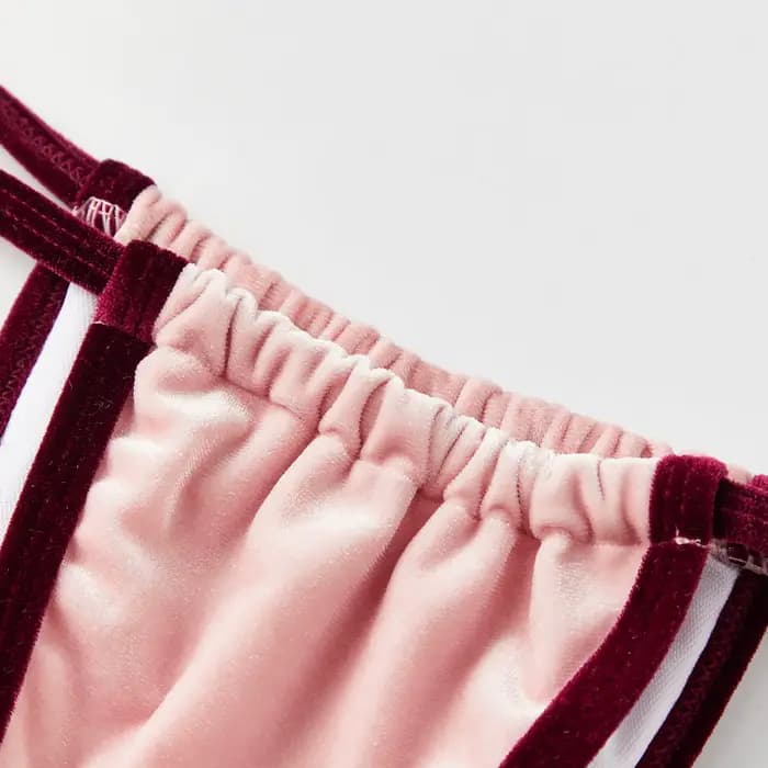 Ensemble bikini d'été pour femme en velours bordeaux avec bordure contrastante rose