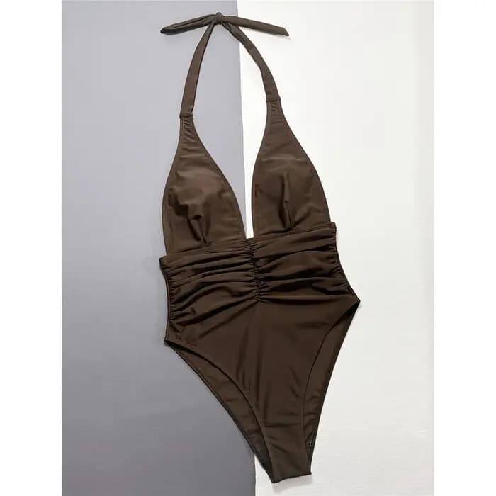 Maillot de bain une pièce sexy noir et marron à col en V profond et froncé pour femme, coupe haute, maillot de bain V7292
