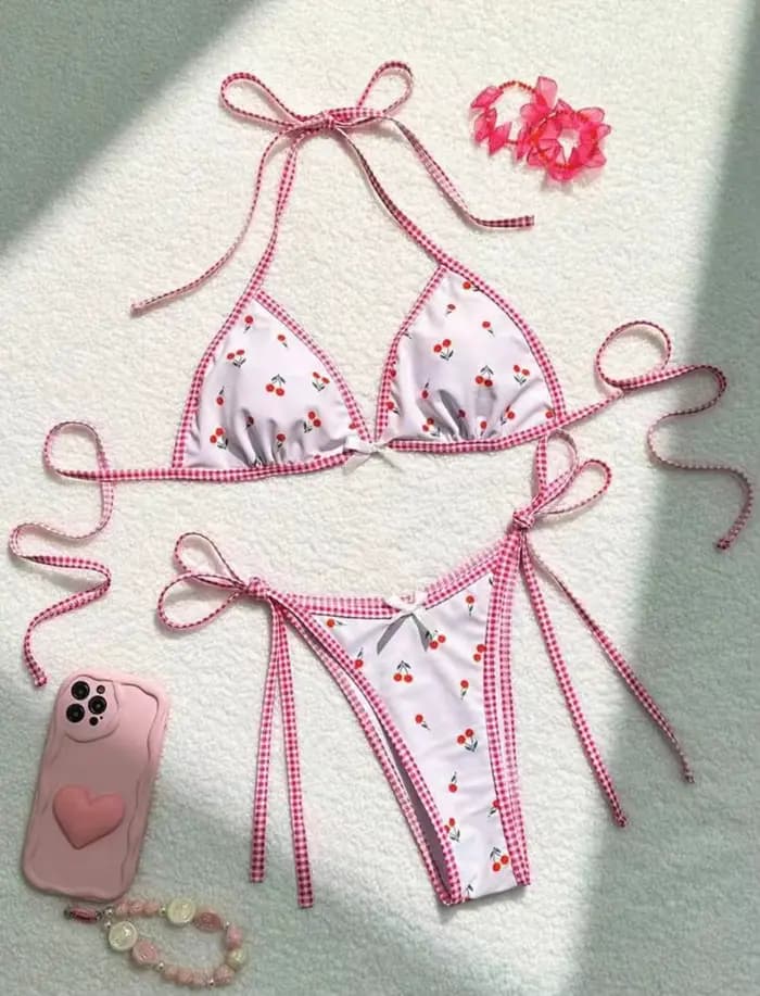 Maillot de bain deux pièces pour femmes, sexy, imprimé cerise, col licou, string, micro, ensemble de