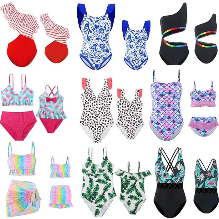 Maillots de bain à rayures assortis pour la famille, tenues à volants, maillots de bain mère et fille, vêtements de bikini maman et moi, robe de natation pour enfants