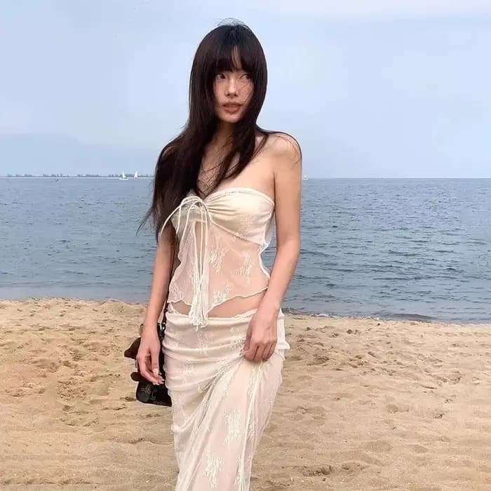 Ensemble de Bikini en dentelle thaïlandaise, robe longue amincissante, Sexy, vacances dans l'île, maillot de bain thermique de printemps, haut sans bretelles séparé, bas taille haute