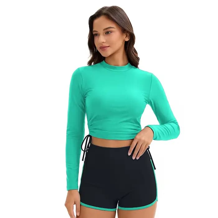 Maillots de bain à manches longues pour femmes, ensemble deux pièces, col montant, protection anti-UV, style modeste pour le surf, couleurs contrastées avec coupe Boyleg