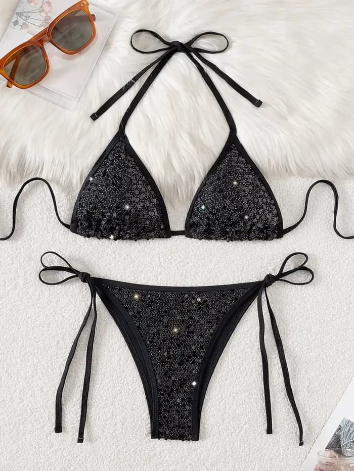 Ensemble de bikini triangle pour femmes DEKA, nouveau maillot de bain à paillettes brillantes, mode estivale, soutien-gorge rembourré, string à lacets, maillot de bain 2 pièces, multicolore, bikini