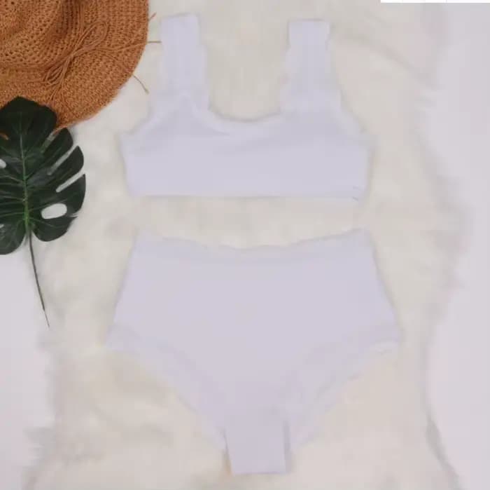 2025 nouvelles femmes maillot de bain festonné taille haute Bikini ensemble solide deux pièces grand