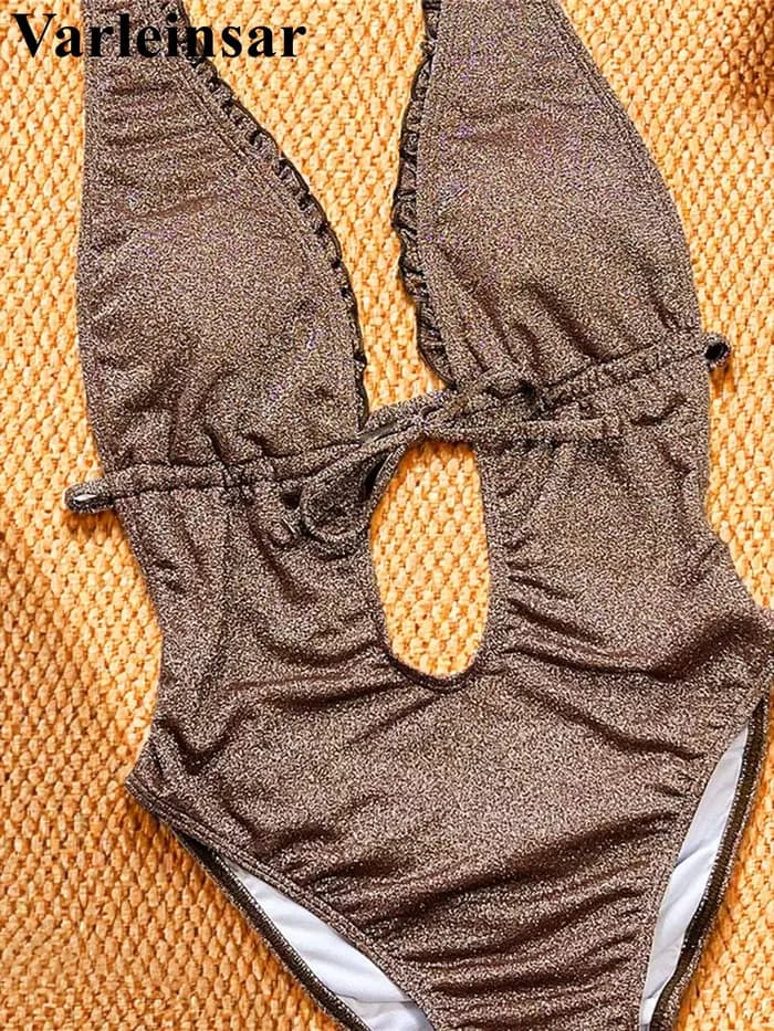 Maillot de bain une pièce scintillant 2026 pour femme, col en V profond, dos nu, froncé aux fesses, V7888