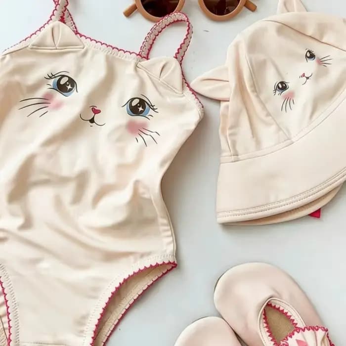 Nouvel ensemble de maillots de bain une pièce et deux pièces pour filles, motif chat mignon, imperméable, collection été 2026