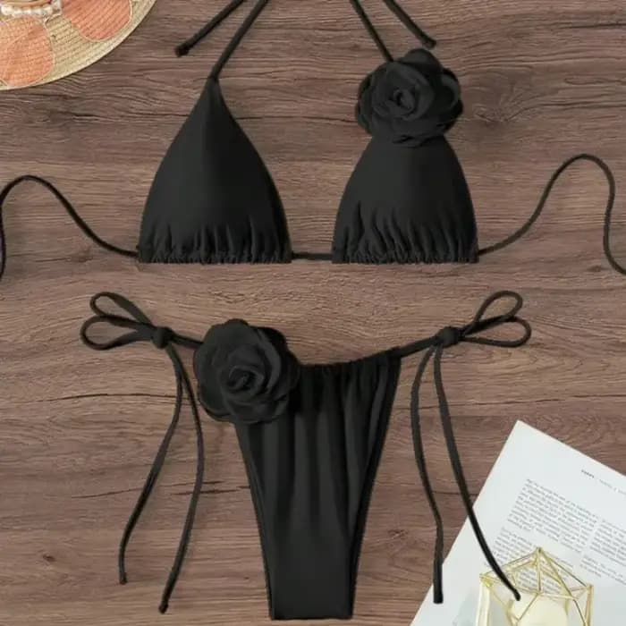 Maillot de bain deux pièces sexy à fleurs 3D pour femmes, bikini à bretelles licou, ensemble de baigneurs, maillots de bain trempés, S-L