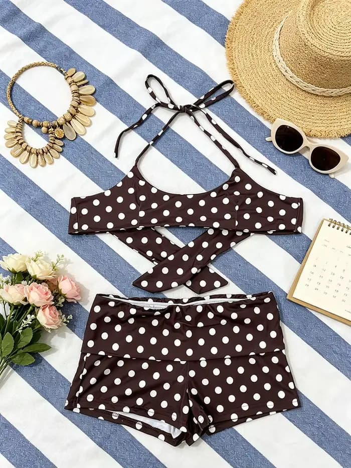 Ensemble de maillot de bain Coquette rétro marron à pois pour femme