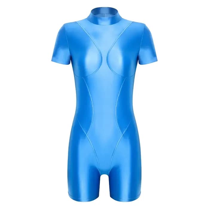Maillot de bain une pièce brillant pour femme, col montant, manches courtes, dos nu, coupe ajustée,