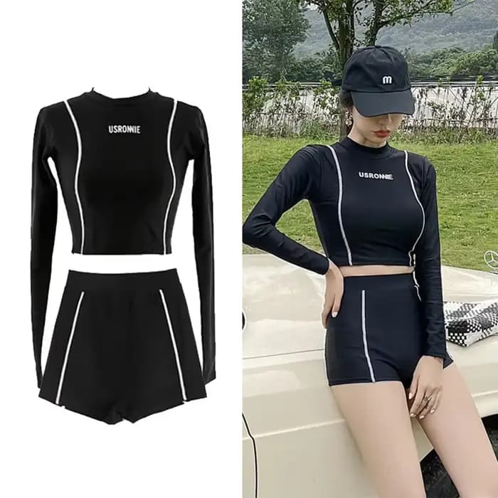 Maillot de bain deux pièces à manches longues pour femme, patchwork, vêtements de plage, piscine, sport, short