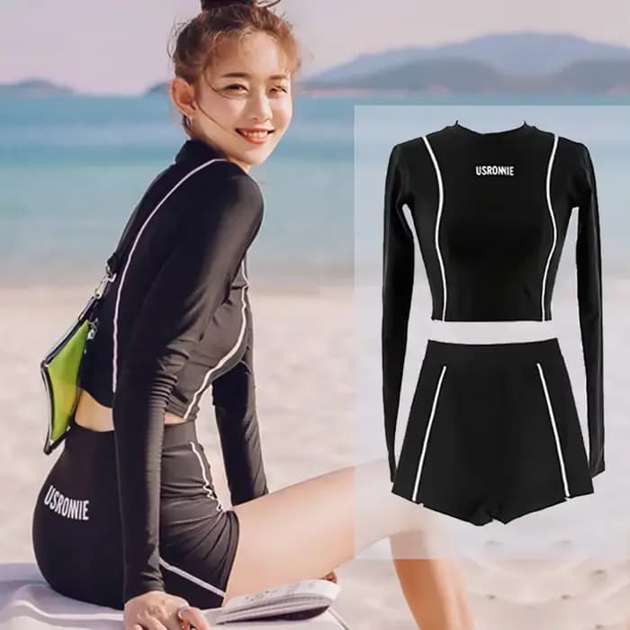 Maillot de bain deux pièces à manches longues pour femme, patchwork, vêtements de plage, piscine, sport, short