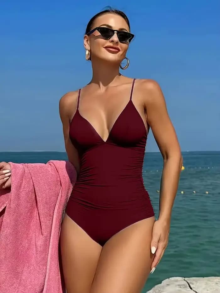 Maillot de bain une pièce femme 2026 Nouveau modèle uni col en V sexy body maillot de bain d'été monokini dos nu pour la plage