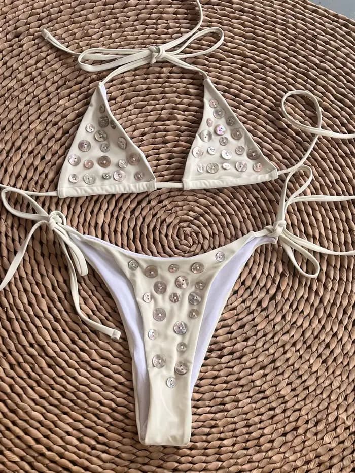Bikini Sexy Diamanté Effet Bronzant 2026 pour Femme, Maillot de Bain de Luxe Blanc Push-Up à Bandes et String, Micro Maillot de Bain d'Été, Biquini
