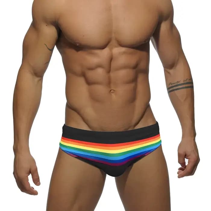 Maillot de bain à rayures arc-en-ciel pour hommes, slip sexy, push up, taille basse, vêtements de pl