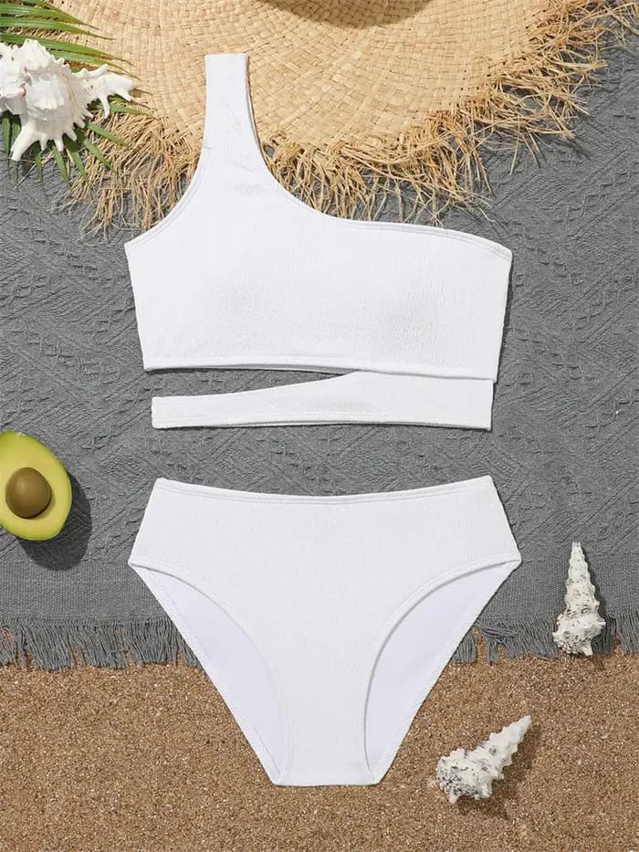 Maillot de bain fille Bikini 2026 nouveau solide une épaule Bikinis ensemble maillots de bain pour enfants été taille haute enfants vêtements de plage maillot de bain