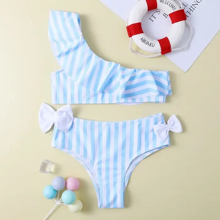 Filles à volants nœud Bikini deux pièces maillot de bain enfants rayé une épaule maillots