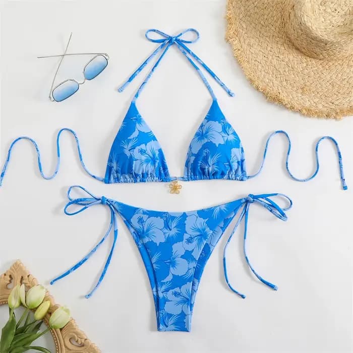 Fleur pendentif Bikinis ensembles rose imprimé fleuri maillot de bain Push Up Triangle String dos nu maillot de bain Bikini femmes plage maillot de bain