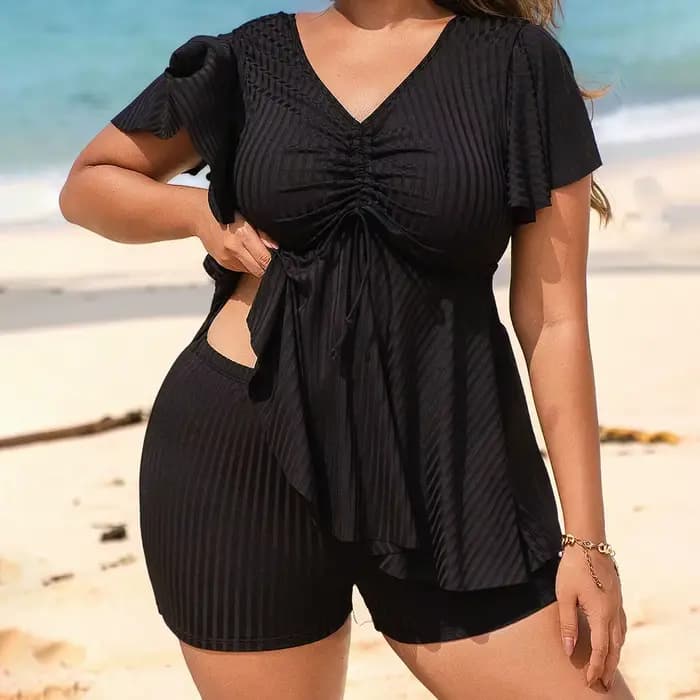 Maillot de bain deux pièces femme grande taille 2025 noir solide Tankini ensemble taille haute maill