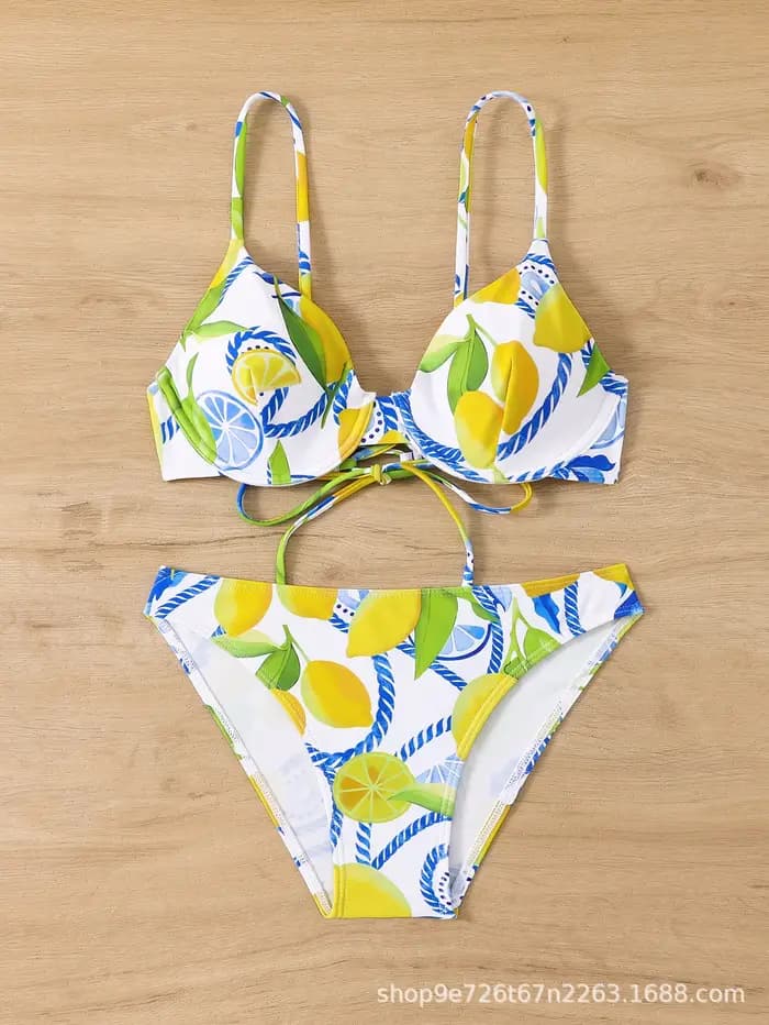 2025 Sexy citron imprimé Bikini ensemble Tropical maillot de bain deux pièces brésilien effronté culotte Triangle haut