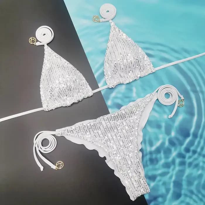 Maillot de bain à paillettes pour femmes, bikini solide, sexy, col licou, ensemble deux pièces, vêtements de plage