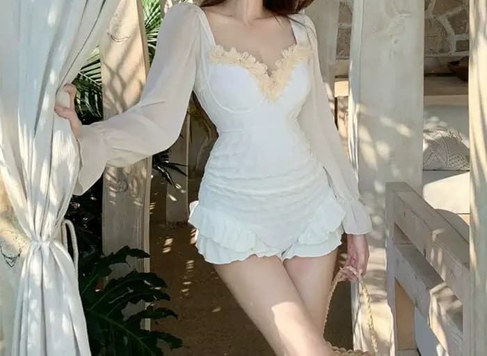 Maillot de bain une pièce pour femme, manches longues, style rétro, couleur unie, style français, doux, avec soutien-gorge push-up, pour les stations balnéaires et sources chaudes