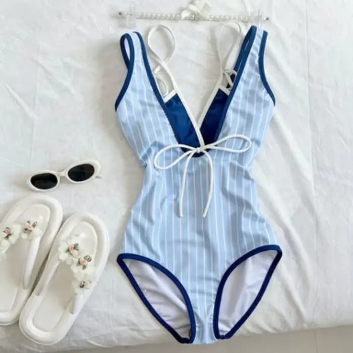 Maillot de bain une pièce rayé bleu et blanc Y2k pour femme, style plage, coupe ajustée, sexy, élégant, pour les vacances d'été