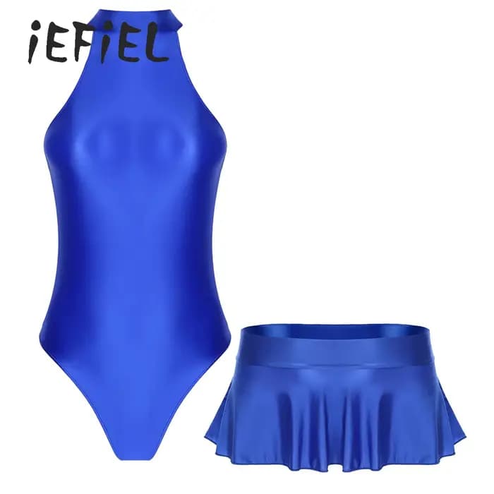 Maillot de bain brillant pour femmes, ensemble élastique, sans manches, coupe haute, justaucorps avec Mini jupe à volants, maillot de bain ar