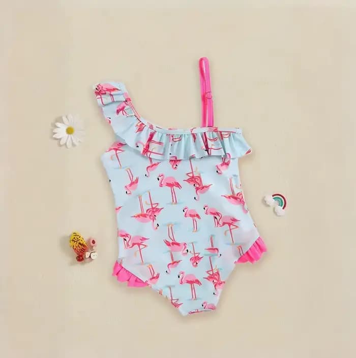 Maillot de bain flamant rose pour filles, asymétrique épaule dénudée, à volants, imprimé bleu clair, pour plage, piscine, vacances, tenue pour tout-petits