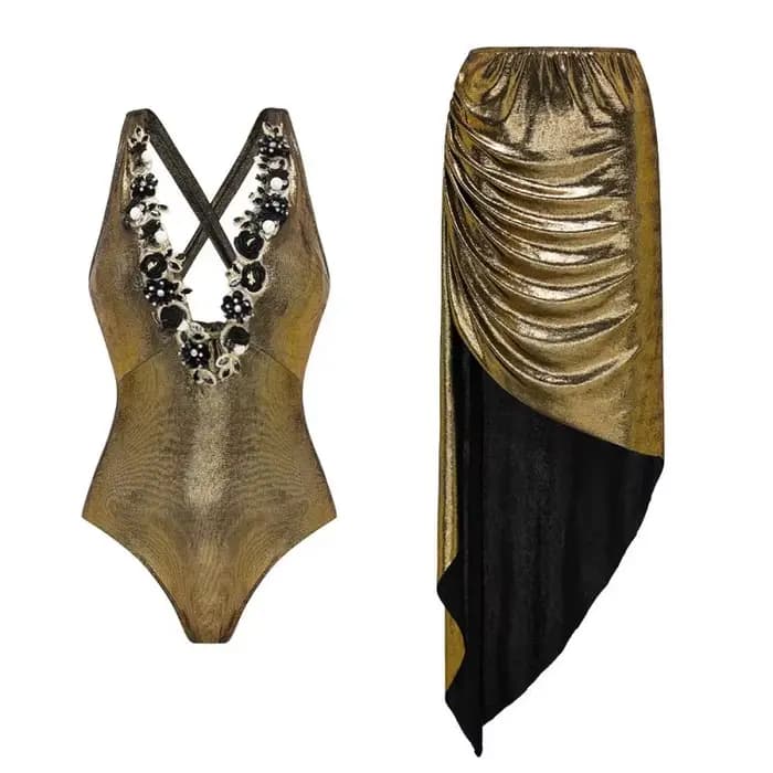 Maillot de bain une pièce bleu uni à décolleté plongeant et jupe
