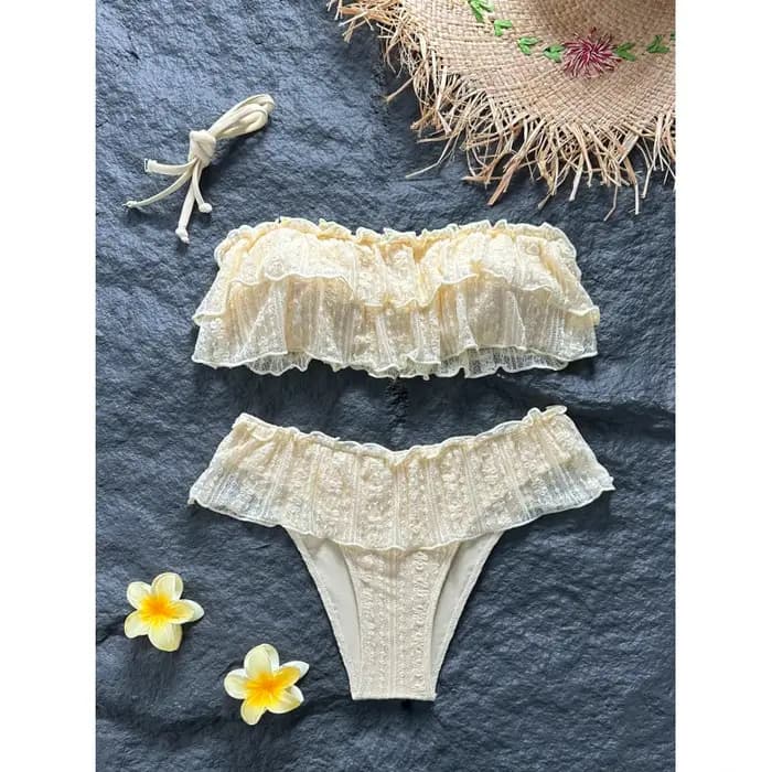 Ensemble bikini sans bretelles en dentelle à double couche Mibai pour femmes, maillot de bain deux pièces, maillot de bain décontracté pour les vacances d'été à la plage