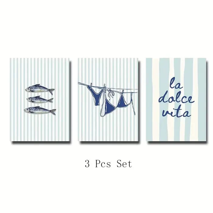 3 pièces/ensemble "La Dolce Vita" Sardines Bikini bleu rayure toile impression affiche moderne décor côtier été mur Art