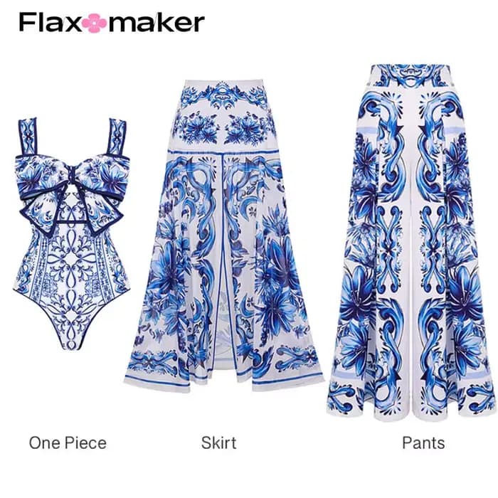 FLAXMAKER-Maillot de bain imprimé Majolica avec nœud décoratif, ensemble une pièce sexy, bikini, push up