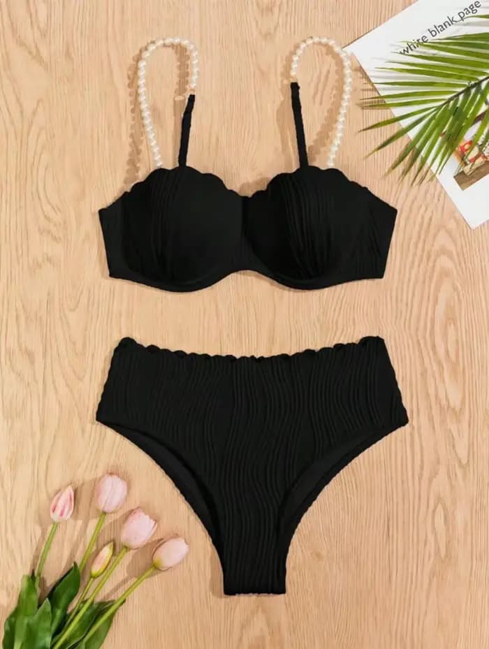 Sexy blanc noir Bikini ensemble 2025 femmes perles sangle volants Push Up taille haute maillot de bain plage maillot de bain deux pièces maillots de bain