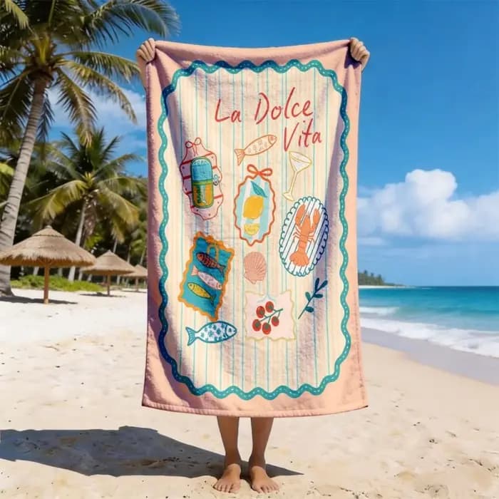 La Dolce Vita Serviette de plage rétro à imprimé fruits de mer