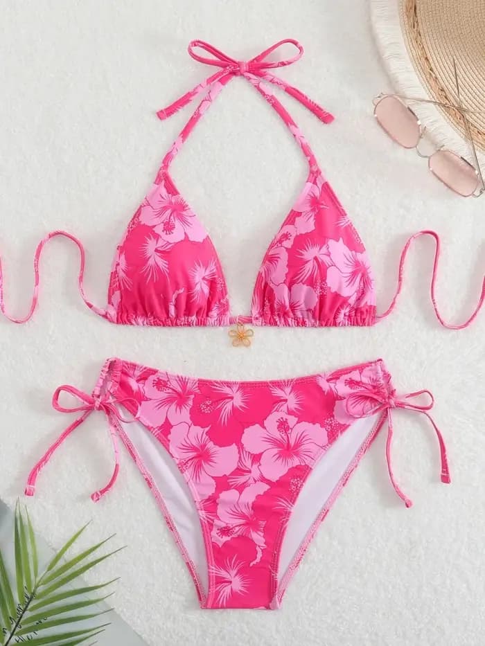 Maillot de bain bikini femme 2026, nouveau modèle rose imprimé, ensemble bikini sexy à lacets, maillot de bain d'été 2 pièces, tenue de plage pour femme