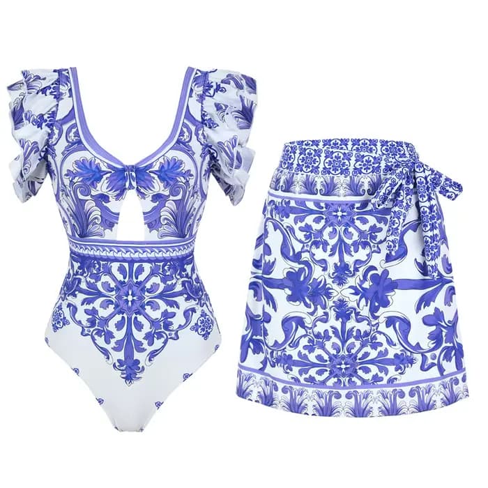 Maillot de bain une pièce moulant pour femme, imprimé porcelaine bleu et blanc, avec ensemble de par