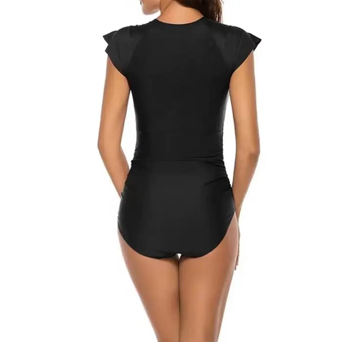 Femmes maillot de bain décontracté couleur unie fermeture éclair manches courtes col rond mince ventre contrôle maillots
