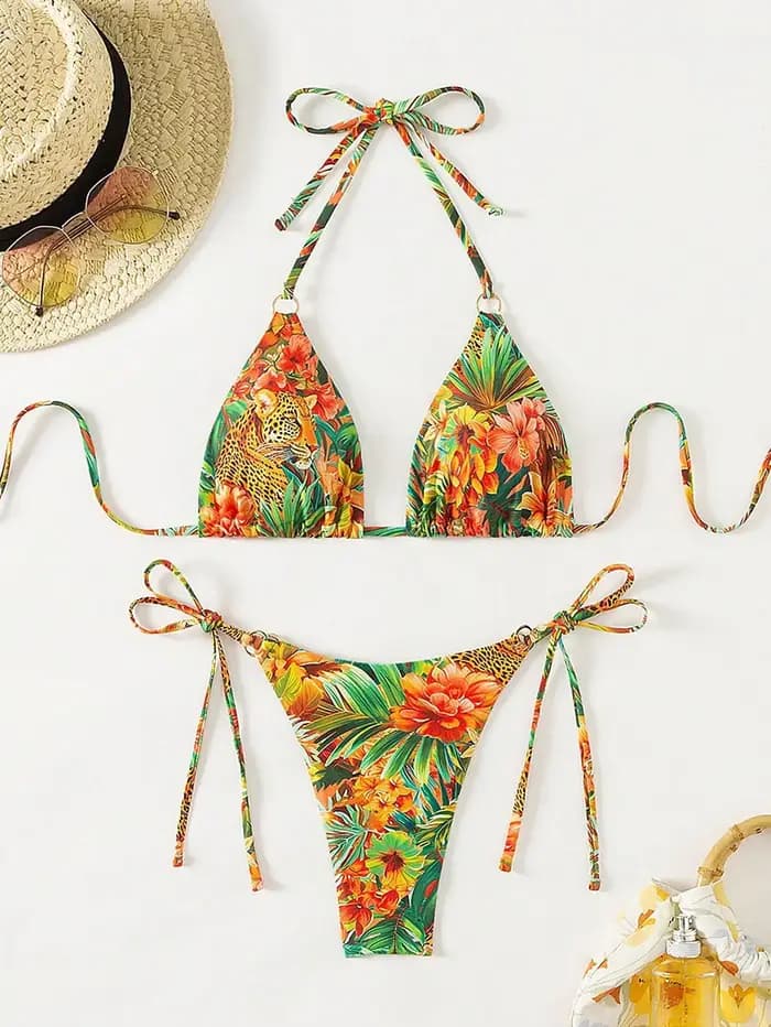 Ensemble bikini imprimé tropical pour femme