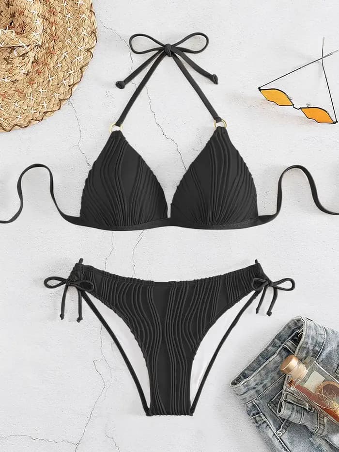 Maillot de bain deux pièces pour femmes, ensemble bikini, taille basse, sexy, couleur unie, noir, à lacets, push-up, brésilien